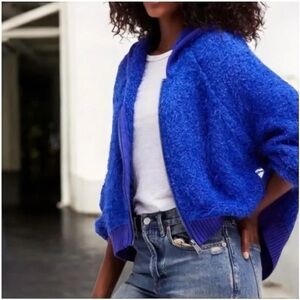 Free People Furry Time Oversized Hooded Zip Up Cozy Sweater Jacket Blue XS